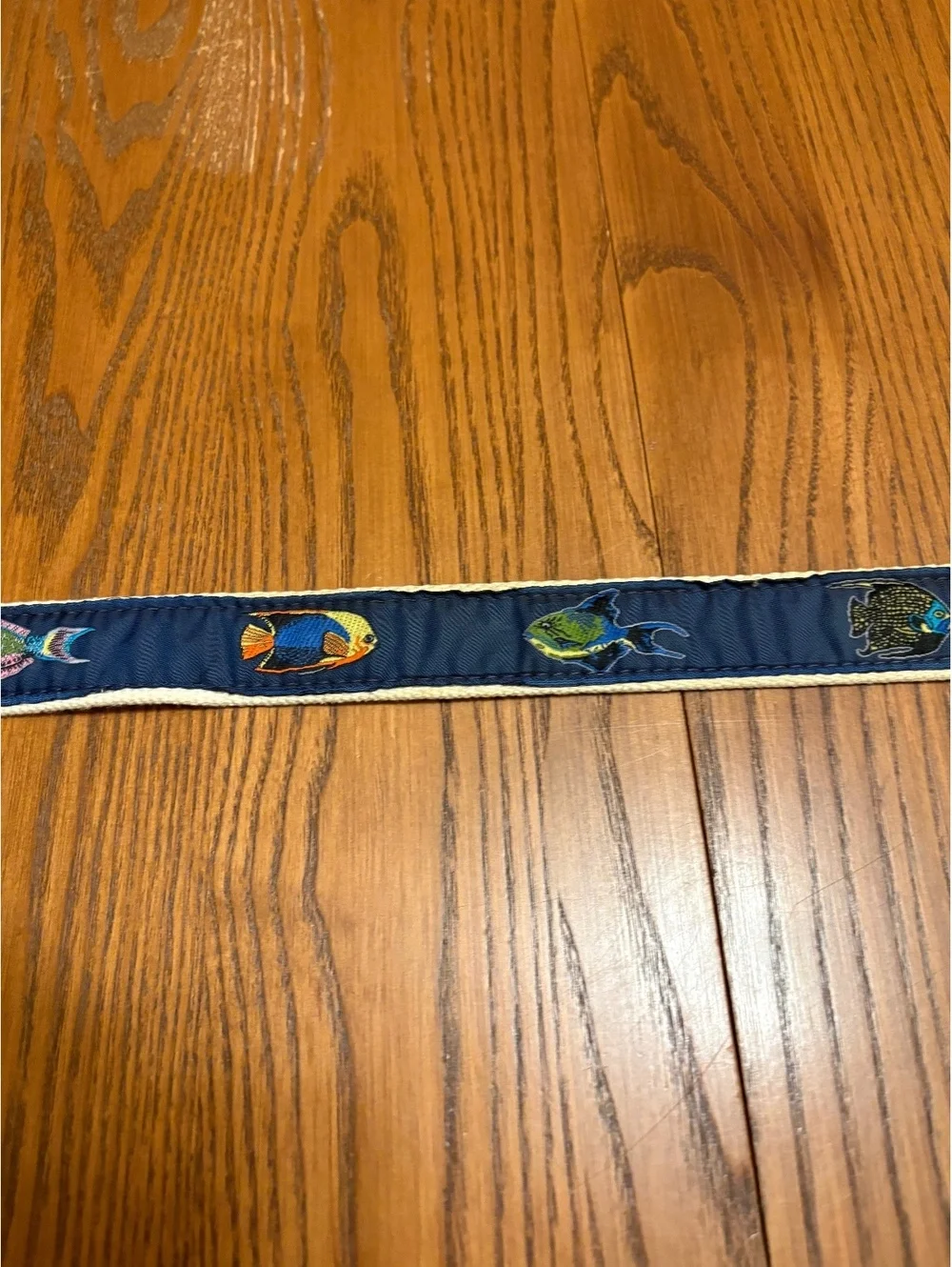 Vintage Tropical Fish Embroidered Ribbon Belt - Navy Solid Brass Buckle Size 36